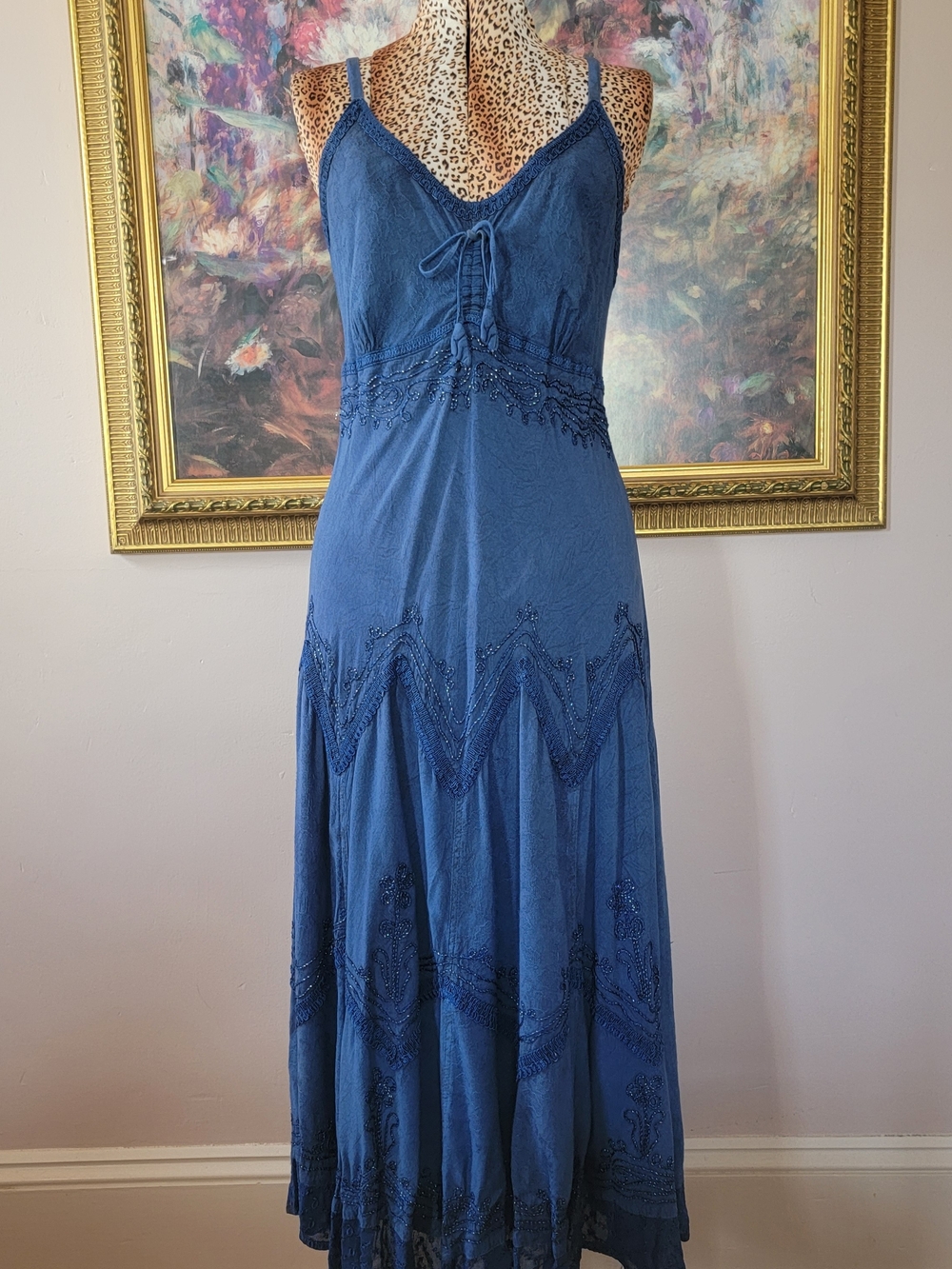 Indigo Blue Garment Dyed Beaded Spagetti Strap Maxi Dress